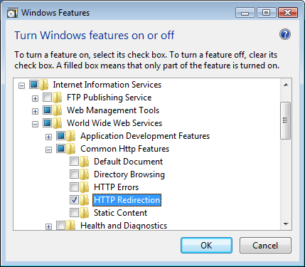 Windows 기능 대화 상자의 스크린샷 H T T P 리디렉션이 강조 표시되어 있습니다.
