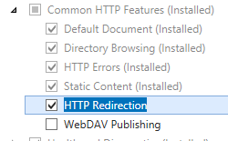 서버 역할 페이지의 스크린샷 H T T P 리디렉션이 선택되고 강조 표시됩니다.