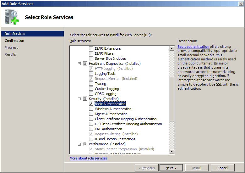 Windows Server 2008 인터페이스에서 선택한 기본 인증의 스크린샷