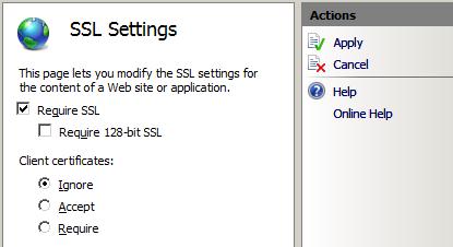 SSL이 필요하고 클라이언트 인증서를 무시하는 SSL 설정 창의 스크린샷