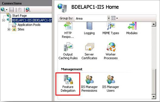 BD E L A P C 1 대시 I S 홈이 선택되고 기능 위임 아이콘이 강조 표시된 서버 홈 페이지의 연결 창 스크린샷