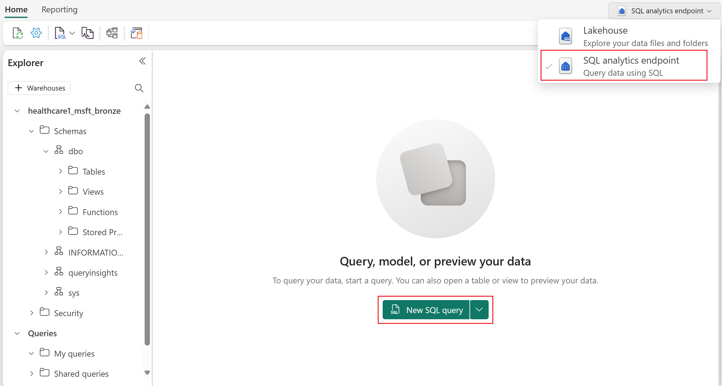 SQL 분석 끝점 스위치를 표시하는 스크린샷.