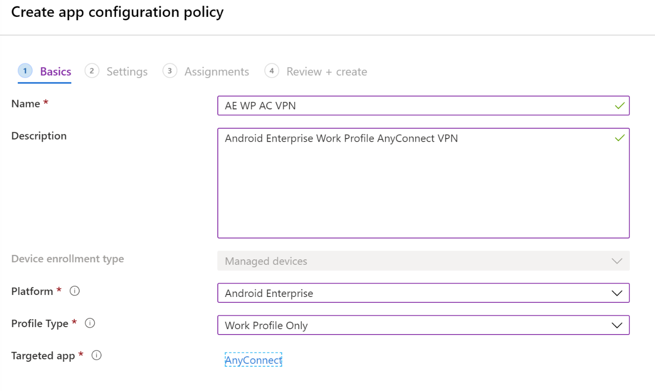 Microsoft Intune VPN 또는 앱별 VPN을 구성하는 앱 구성 정책 만들기