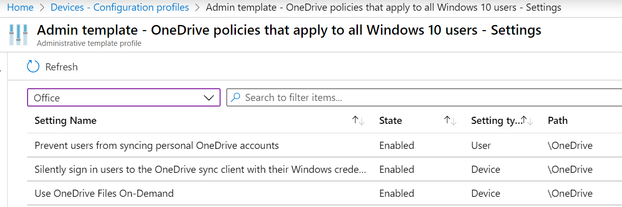 Microsoft Intune OneDrive 관리 템플릿을 만드는 방법을 보여 주는 스크린샷