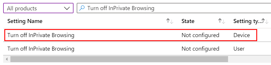 Microsoft Intune 관리 템플릿에서 InPrivate 브라우징 디바이스 정책을 해제하는 방법을 보여 주는 스크린샷
