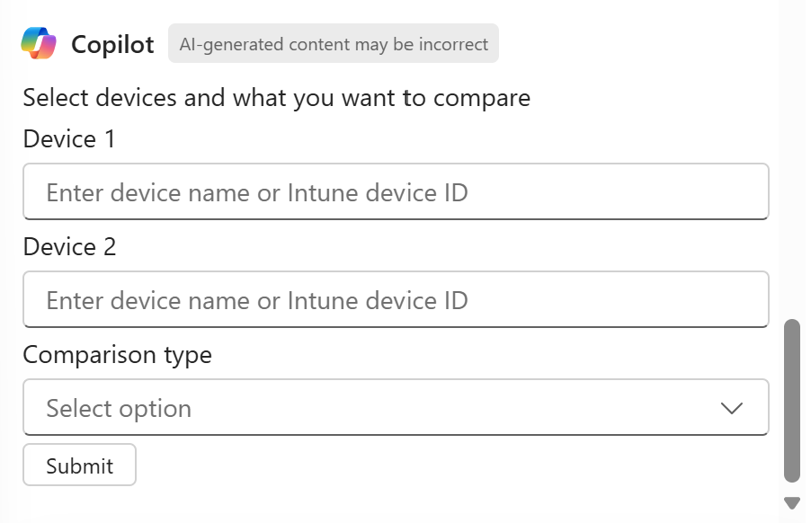 Microsoft Intune 또는 Intune 관리 센터의 두 디바이스를 비교하는 Copilot를 보여 주는 스크린샷