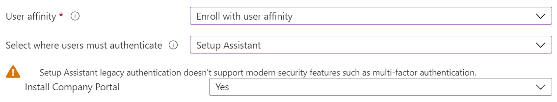 Intune 관리 센터 및 Microsoft Intune에서 Apple Configurator를 사용하여 iOS/iPadOS 디바이스를 등록합니다. 사용자 선호도로 등록을 선택하고, 인증에 설정 도우미를 사용하고, 회사 포털 앱을 설치합니다.