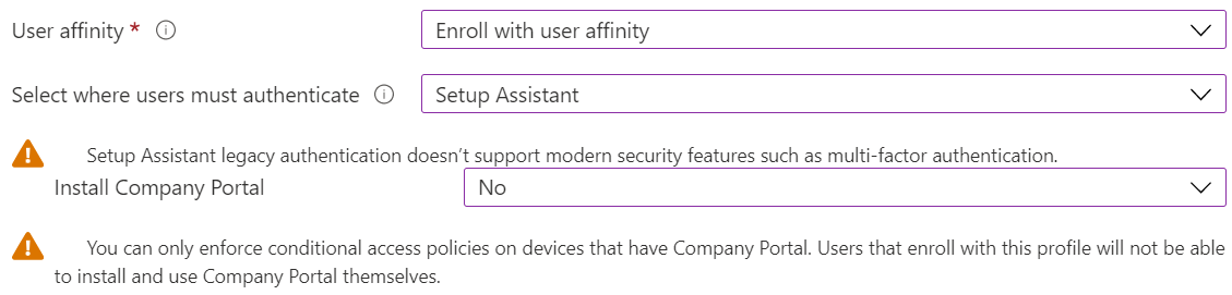 Intune 관리 센터 및 Microsoft Intune에서 Apple Configurator를 사용하여 iOS/iPadOS 디바이스를 등록합니다. 사용자 선호도로 등록을 선택하고, 인증에 설정 도우미를 사용하고, 회사 포털 앱을 설치하지 않습니다.