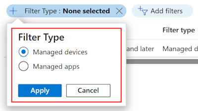 Microsoft Intune 관리 디바이스별로 필터링된 할당 필터 목록을 보여 주는 스크린샷