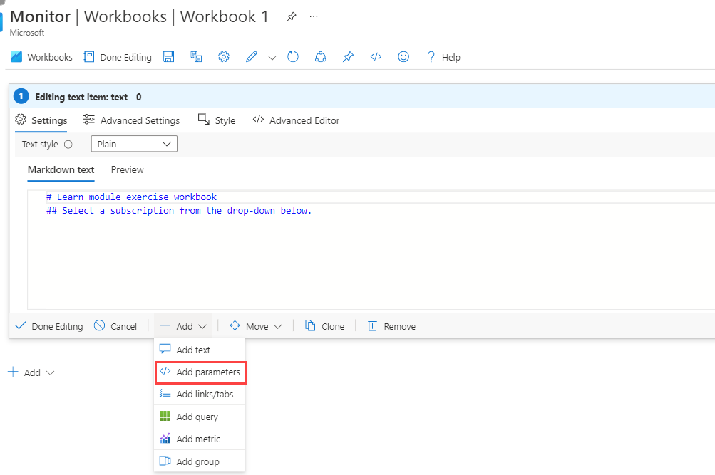 Screenshot that shows the add parameters button in a workbook.