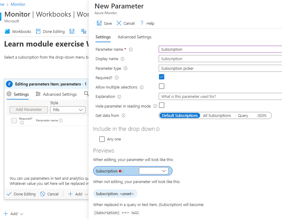 Screenshot that shows the parameter settings in a workbook.