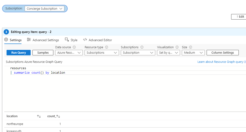 Screenshot that shows a query being configured in a workbook.