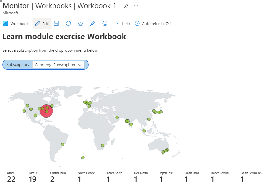 Screenshot that shows an Azure workbook with a map displaying a subscription's resources.