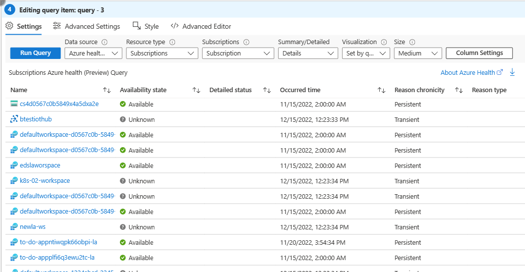 Screenshot that shows a resource health query in Azure workbooks.