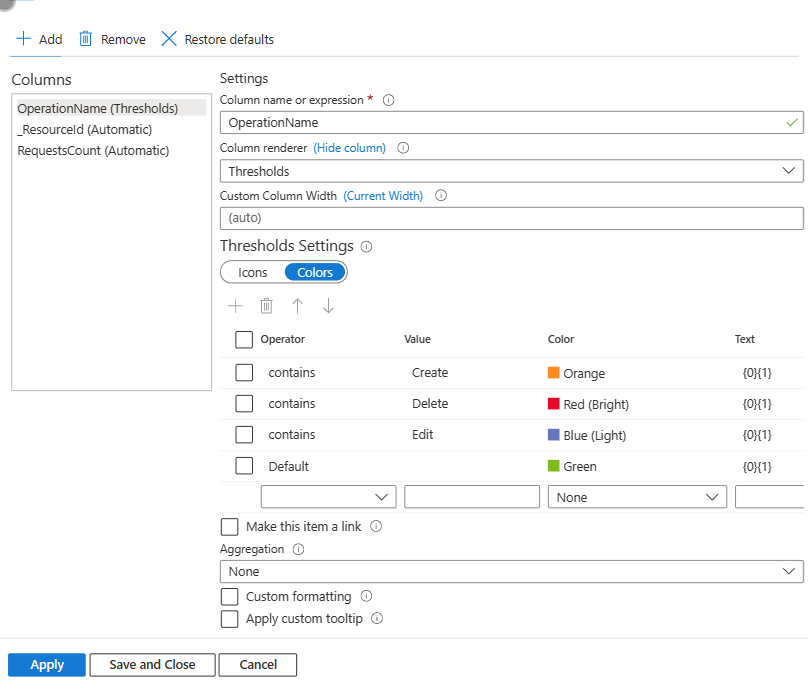 Screenshot that shows setting the colors in a grid in Azure Workbooks.