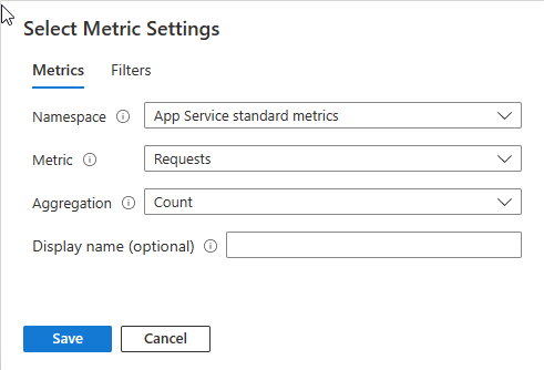Screenshot that shows the metric settings for the number of requests made to a web app in Azure Workbooks.