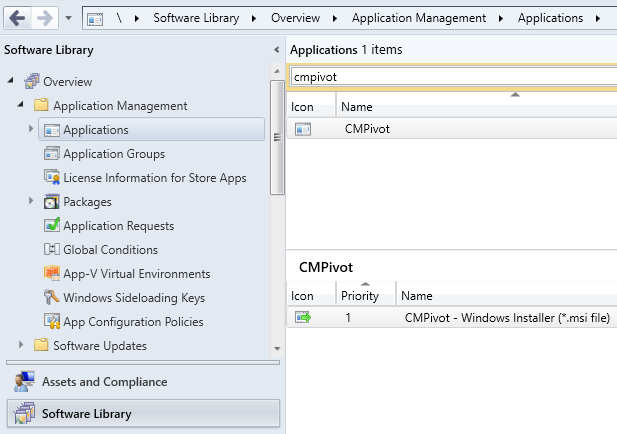 Configuration Manager 콘솔의 애플리케이션 노드에 있는 CMPivot입니다.