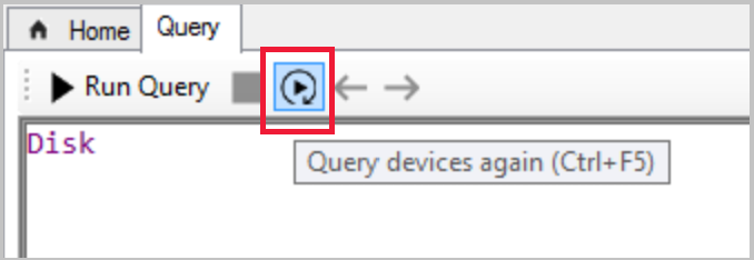 Ctrl + F5가 클라이언트가 데이터를 다시 검색하도록 강제하는 바로 가기인 도구 설명을 보여 주는 쿼리 디바이스 다시 단추의 스크린샷.