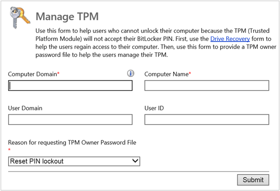 BitLocker 관리 및 모니터링 웹 사이트 TPM 관리 페이지.