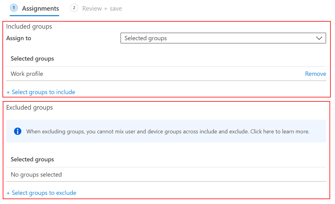 Microsoft Intune 프로필을 할당하거나 배포할 때 사용자 및 그룹을 포함하거나 제외하는 방법을 보여 주는 스크린샷