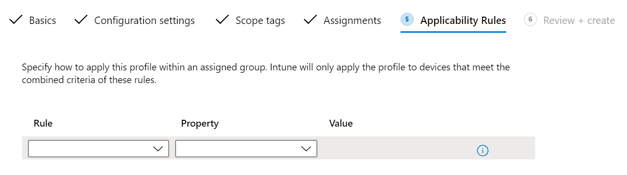 Microsoft Intune Windows 10 디바이스 구성 프로필에 적용 가능성 규칙을 추가하는 방법을 보여 주는 스크린샷