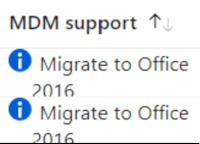 지원되지 않는 이전 Office 설정을 보여 주는 스크린샷 및 Microsoft Intune에서 지원되는 버전으로 마이그레이션을 제안합니다.