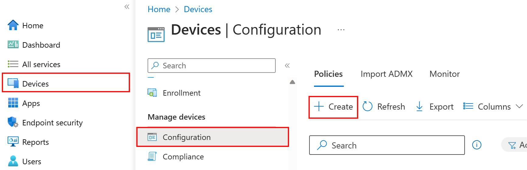 Intune 관리 센터를 사용하여 Microsoft Intune 새 디바이스 구성 프로필을 만듭니다.