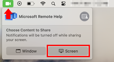 Microsoft 원격 도움말에 대한 화면 공유를 허용하는 macOS 화면 공유 대화 상자의 스크린샷
