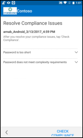 업데이트 전 Android용 회사 포털 앱 텍스트를 보여 주는 스크린샷, 준수 문제 해결 화면.