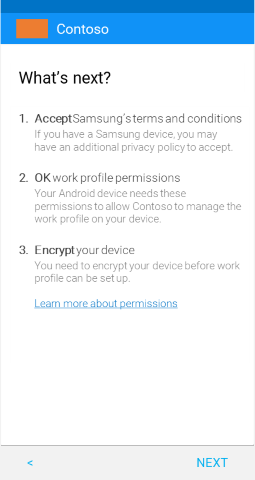 업데이트 후 Android용 회사 포털 앱 회사 프로필 디바이스를 보여 주는 스크린샷, 다음 단계 화면.