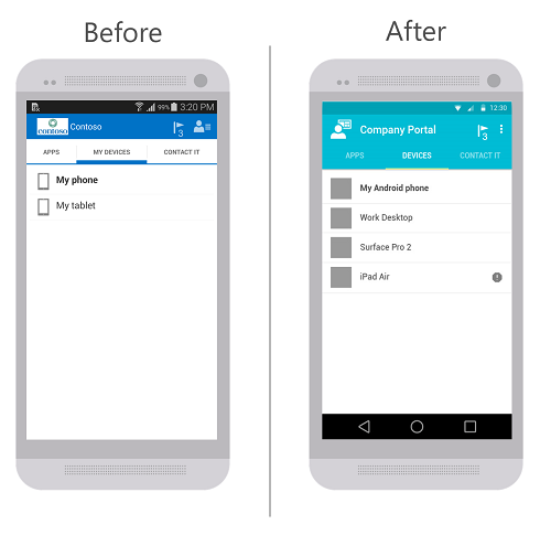 왼쪽에는 업데이트 전 Android용 회사 포털 앱의 이미지입니다. 오른쪽에는 업데이트 후 Android용 회사 포털 앱의 이미지입니다. 두 이미지 모두 앱, 디바이스 및 IT 담당자의 사용 가능한 세 탭에서 디바이스 탭을 선택한 탭으로 표시합니다.
