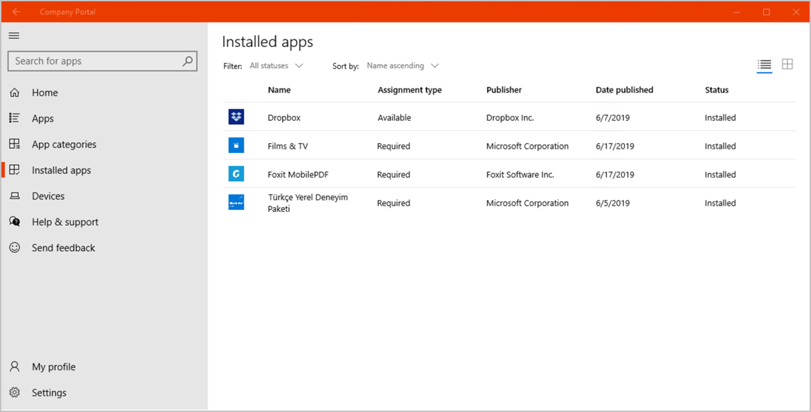 Windows 10용 회사 포털 앱, 설치된 앱 페이지의 예제 스크린샷.