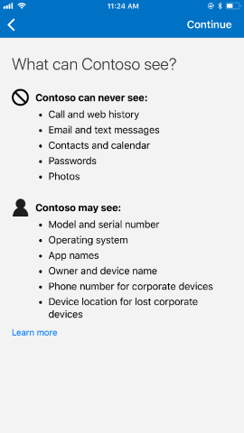 업데이트 후 iOS/iPad OS용 회사 포털 앱을 보여 주는 스크린샷, 개인 정보.