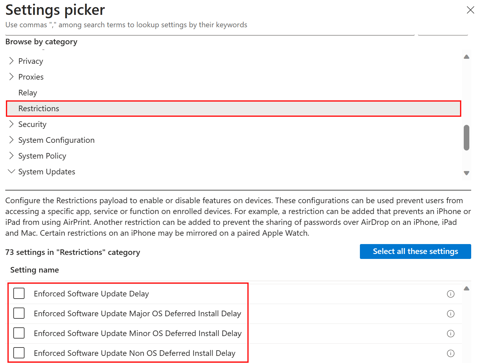 Microsoft Intune에서 소프트웨어 업데이트를 지연하거나 연기하기 위한 설정 카탈로그 제한 정책 설정을 보여 주는 스크린샷