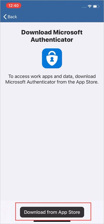 회사 포털, “Microsoft Authenticator 다운로드” 화면의 예제 스크린샷.