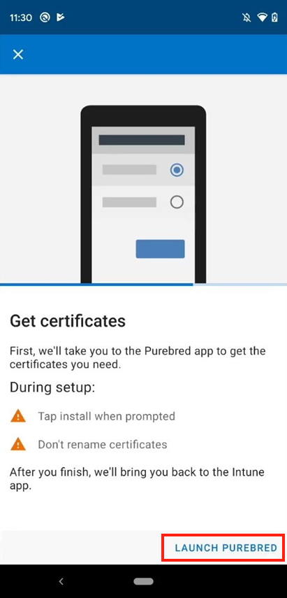DISA Purebred 앱을 여는 Intune 앱 프롬프트의 스크린샷.