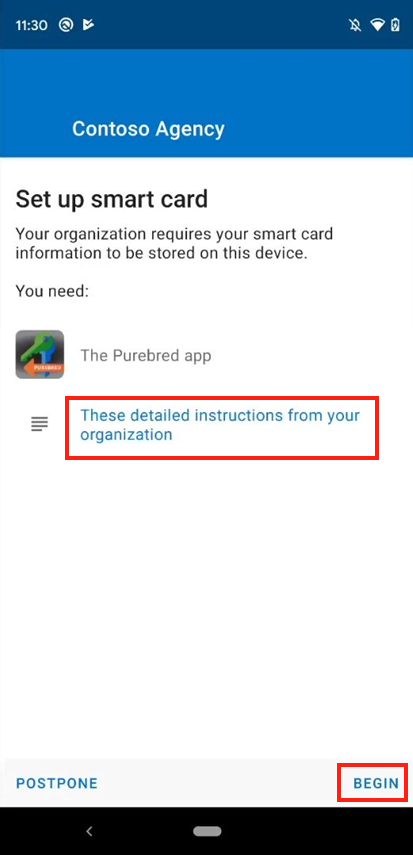 Intune 앱, 스마트 카드 설정 화면의 스크린샷.