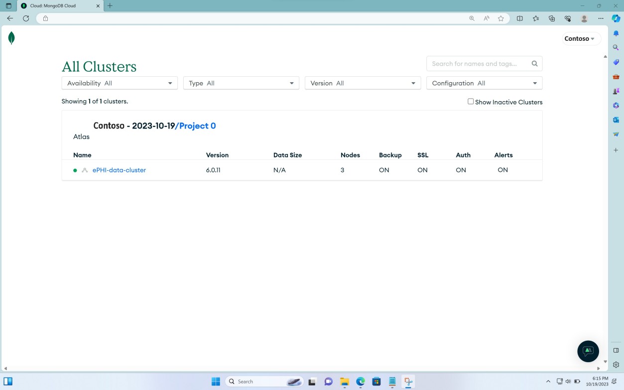 프로젝트 0 아래에 ePHI 데이터 클러스터가 나열된 MongoDB 클라우드 클러스터 페이지입니다.