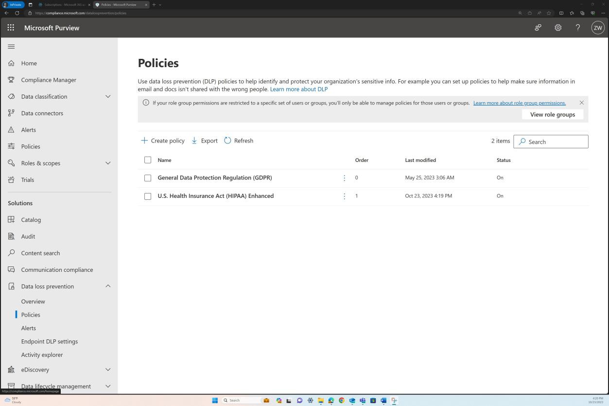 GDPR 및 HIPAA 품목이 있는 Microsoft Purview 정책 페이지입니다.