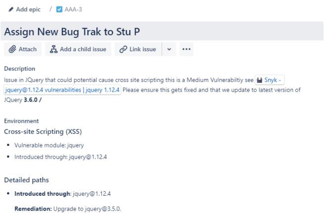 Jira 티켓 Stu P에 새 버그 Trak 할당. 문제 설명, 사이트 간 스크립팅으로 환경, XSS 포함