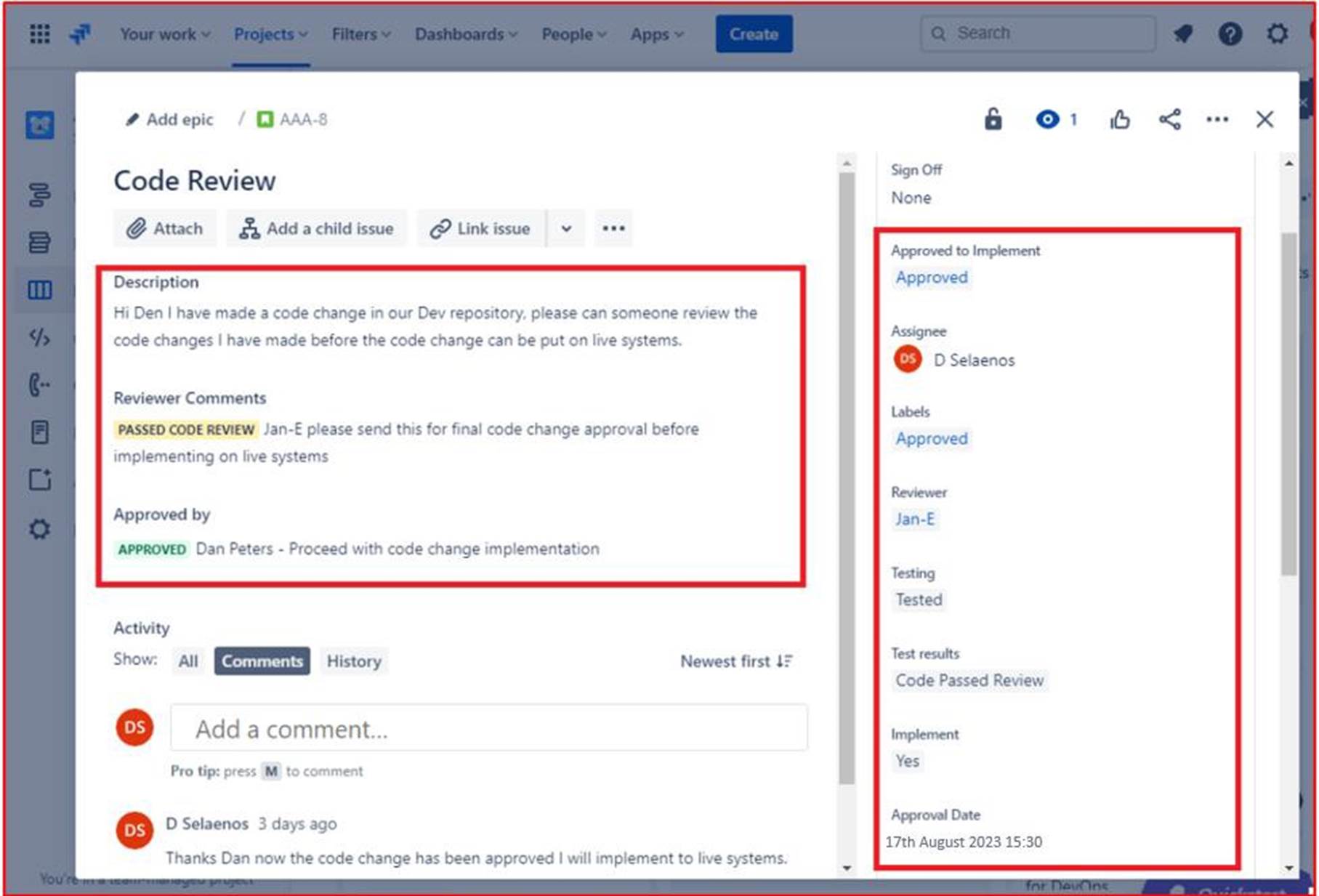설명, 검토자 의견 및 검토자 정보가 포함된 코드 검토 서사시입니다.