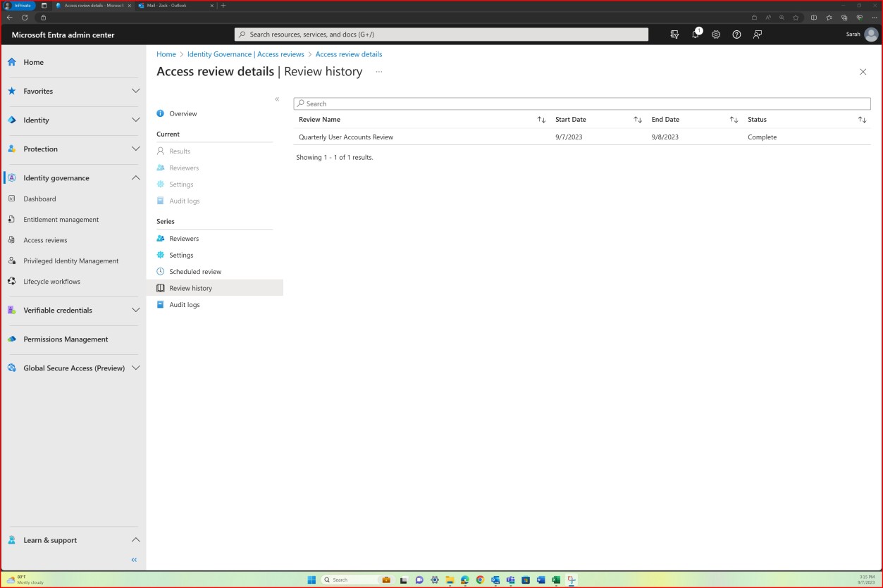 액세스 검토 기록을 Microsoft Entra 관리 센터.