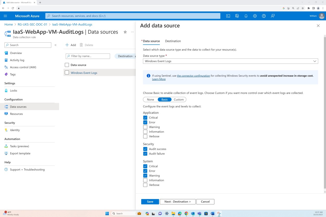 Microsoft Azure 데이터 원본 구성 페이지.