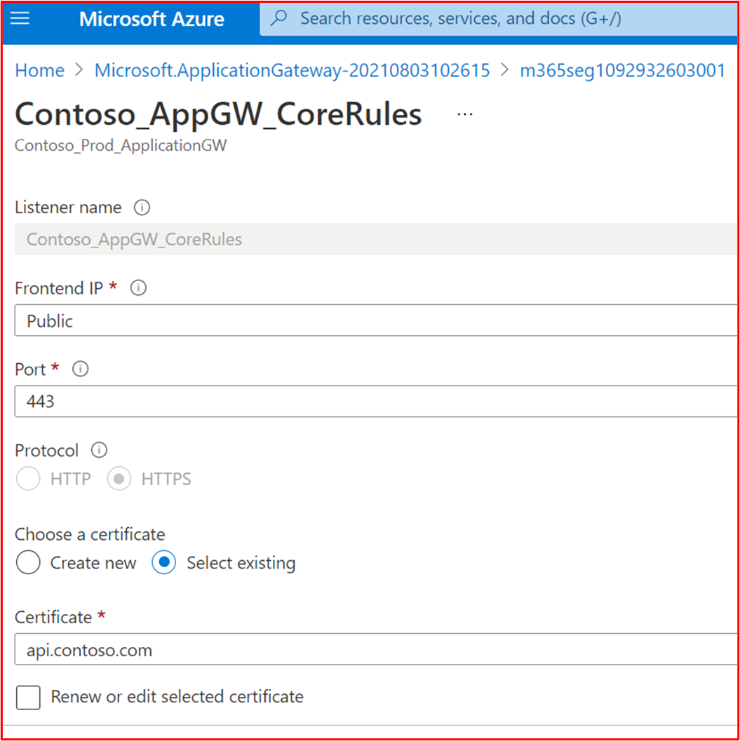 스크린샷은 api.contoso.com 서비스에 대한 Contoso_AppGW_CoreRules 보여줍니다.