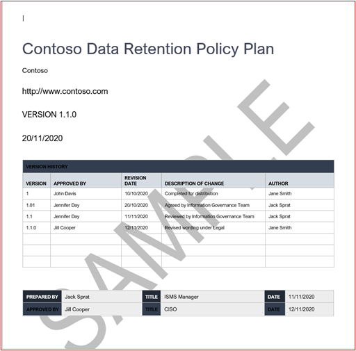 아래 스크린샷은 Contoso의 데이터 보존 정책을 보여 줍니다1