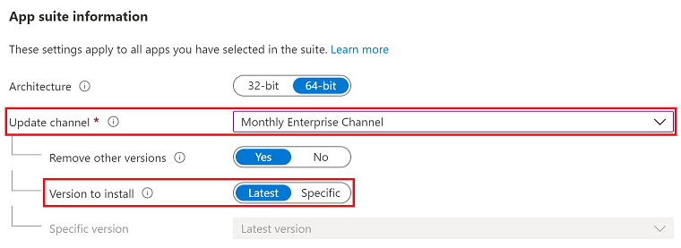 A screenshot of the channel settings for M365 Apps in Intune.