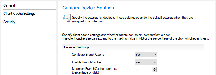 A screenshot of the Custom Device Settings for BranchCache.