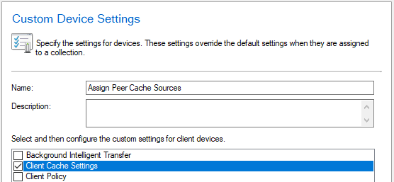 A screenshot of the Custom Device Settings wizard for Peer Cache.