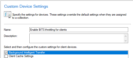 A screenshot of the Custom Device Settings wizard for BITS.