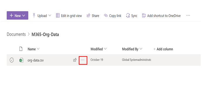 SharePoint 라이브러리의 파일 옆에 줄임표 옵션이 표시된 스크린샷 